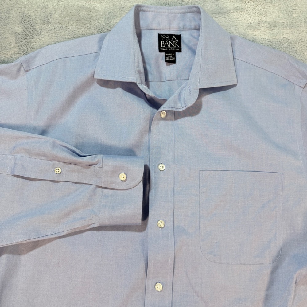 JOS‎ A BANK Traveler Collection Mens Tailored Fit Light Blue Dress Shirt 16 32